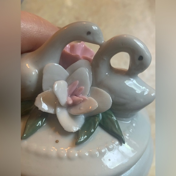 Round Porcelain Trinket Box w/ Swans & Flowers on Lid - Picture 10 of 10